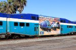 San Diego "Coaster" coach #2208 with ad wrap showing locos.